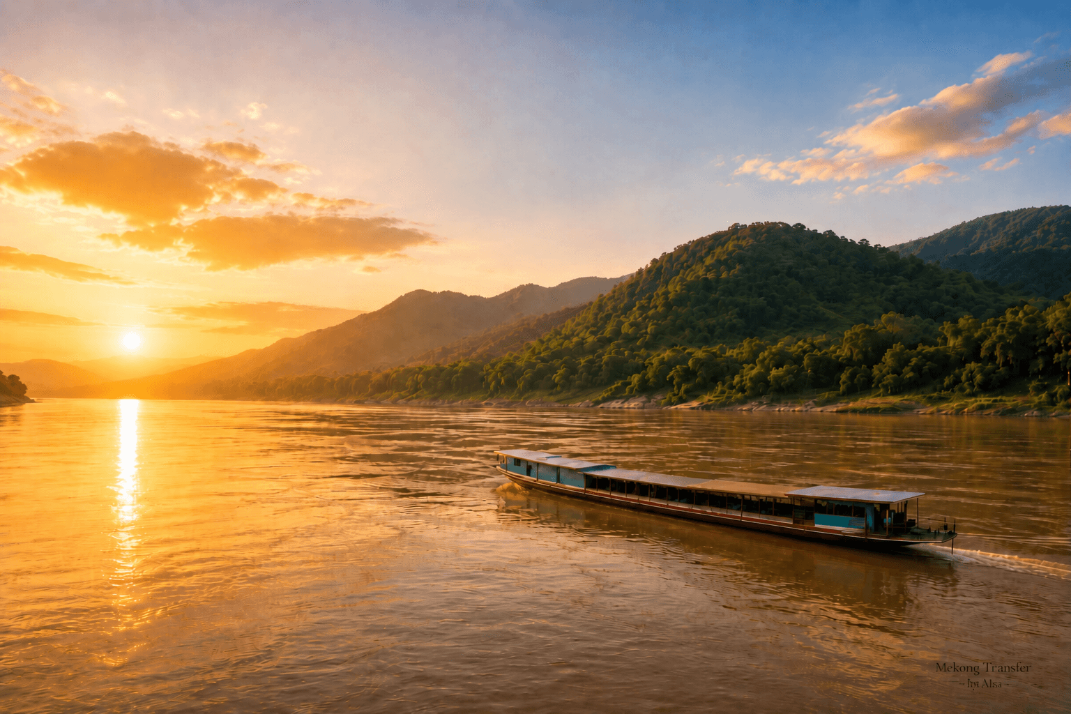 Mekong Transfer slow boat crossing the river at sunset